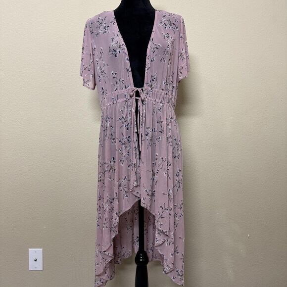 American Rag Cie Kimono Cardigan Womens XL Pink Floral Hi-Low Sheer Boho Hippie - Picture 1 of 10